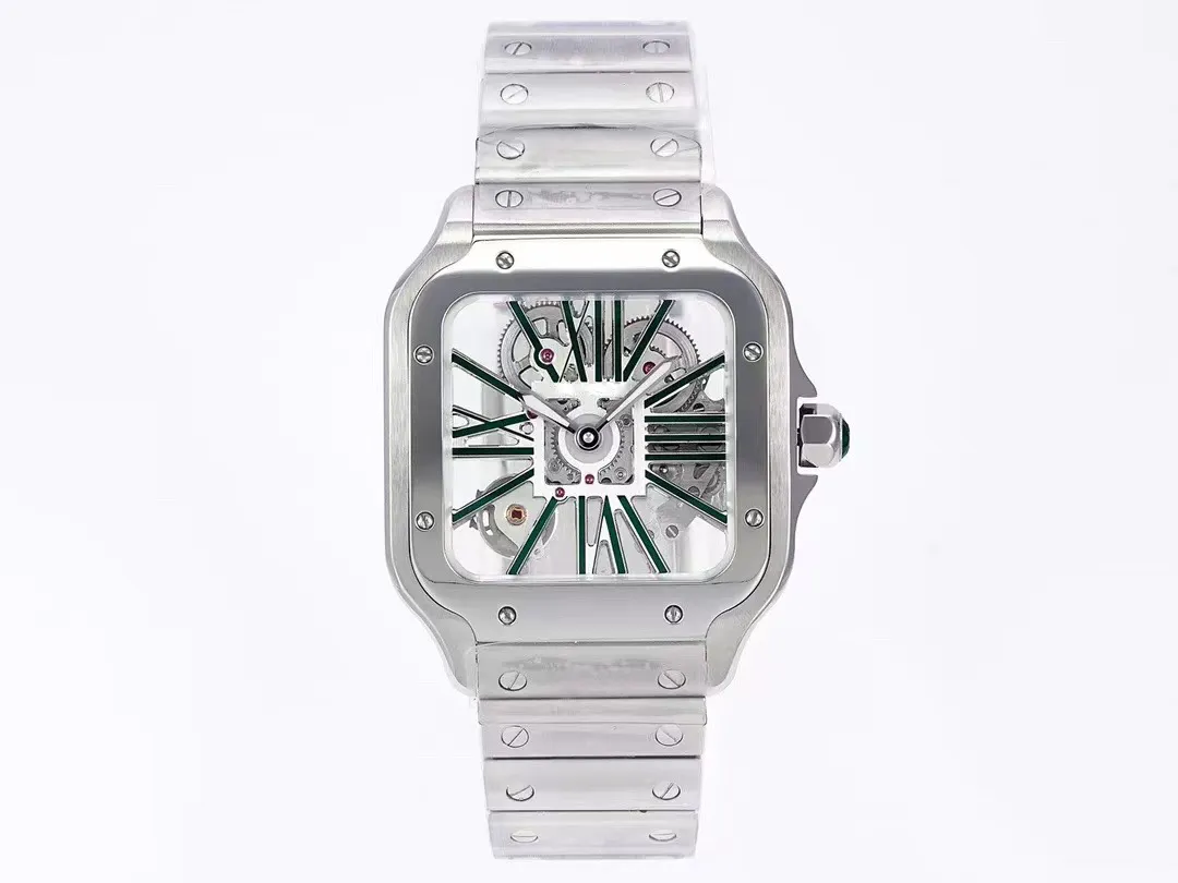 Zielone nowe modne męskie luksusowe wzornictwo z minimalistycznym stylem szklanym stalowym obudowy skórzany pasek kwarcowy zegarek zegarek męskie zegarki ma wydrążony samochód