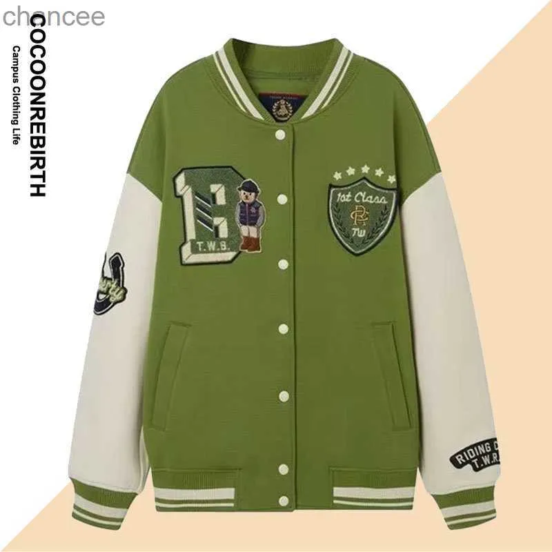 Spring Baseball Jackets Men Women Patchwork Cartoon vintage beren borduurwerk varsity jas causale jas losse streetwear unisex hkd230815