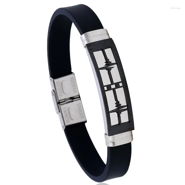 Link Bracelets Fashion Black Wristbands Titanium Stainless Steel Silicone Cuff Heartbeat Charms Rubber Bangles Punk Jewelry Women Men