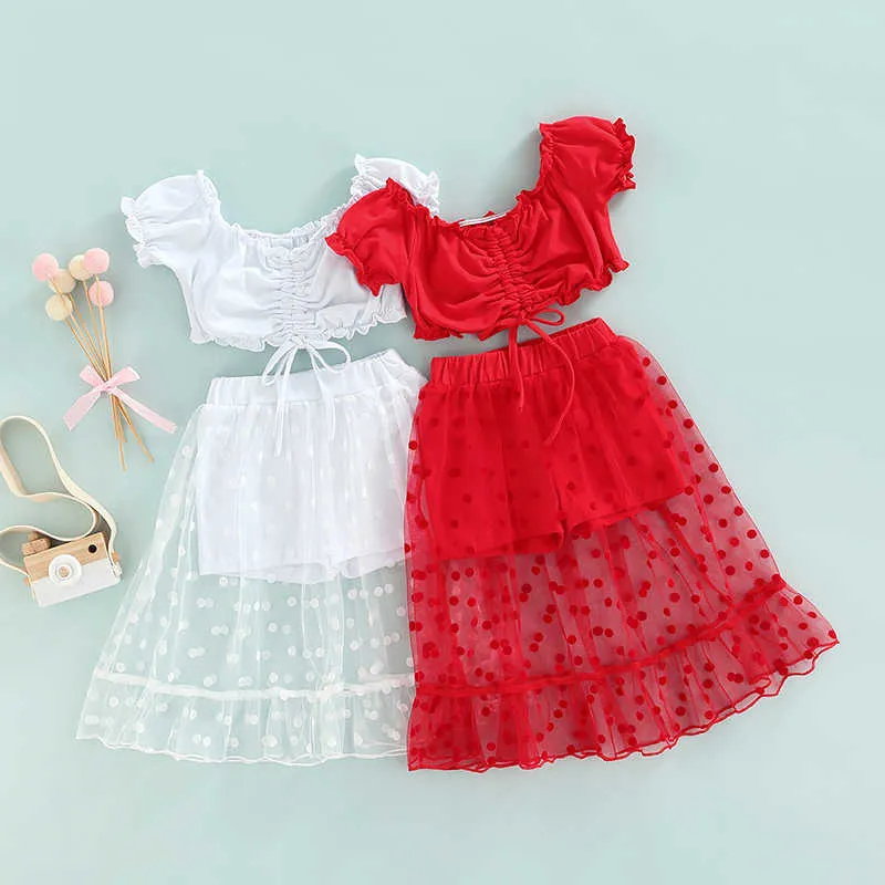 Kläder sätter 2-7 år sommar små flickor semesterkläder sätter 2 st axel rufsar bågtröjor+polka dot mesh shorts kjolar
