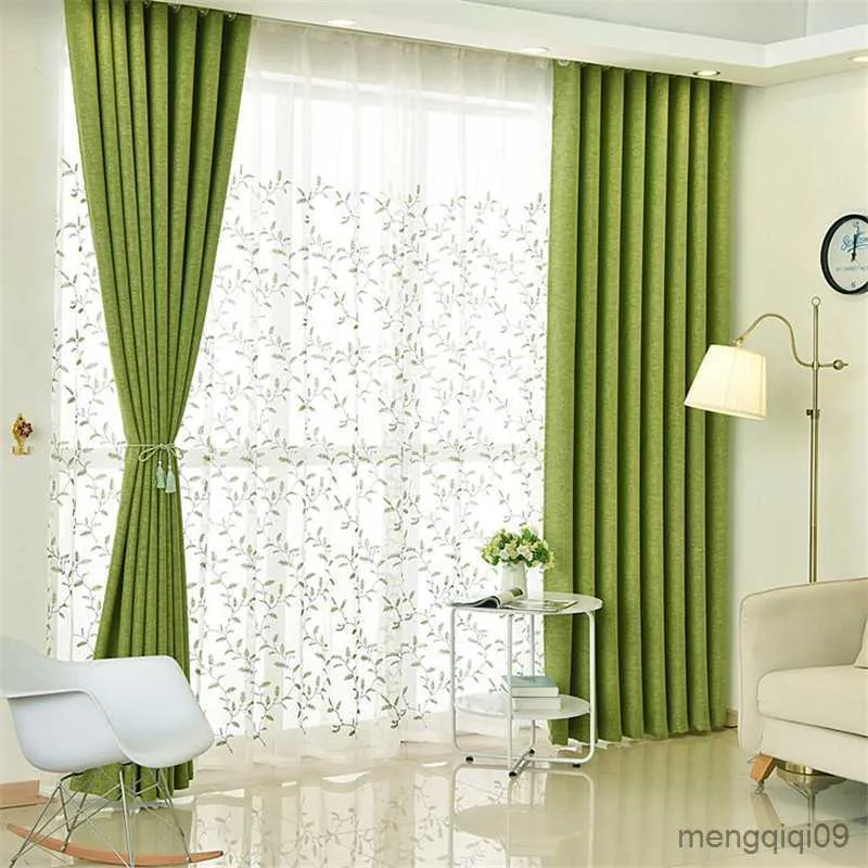 Curtain Green Blackout Curtains Customize Cortinas Para Salon and Tulle Elegant Faux Cotton Linen Living Room Curtains for Kitchen R230815