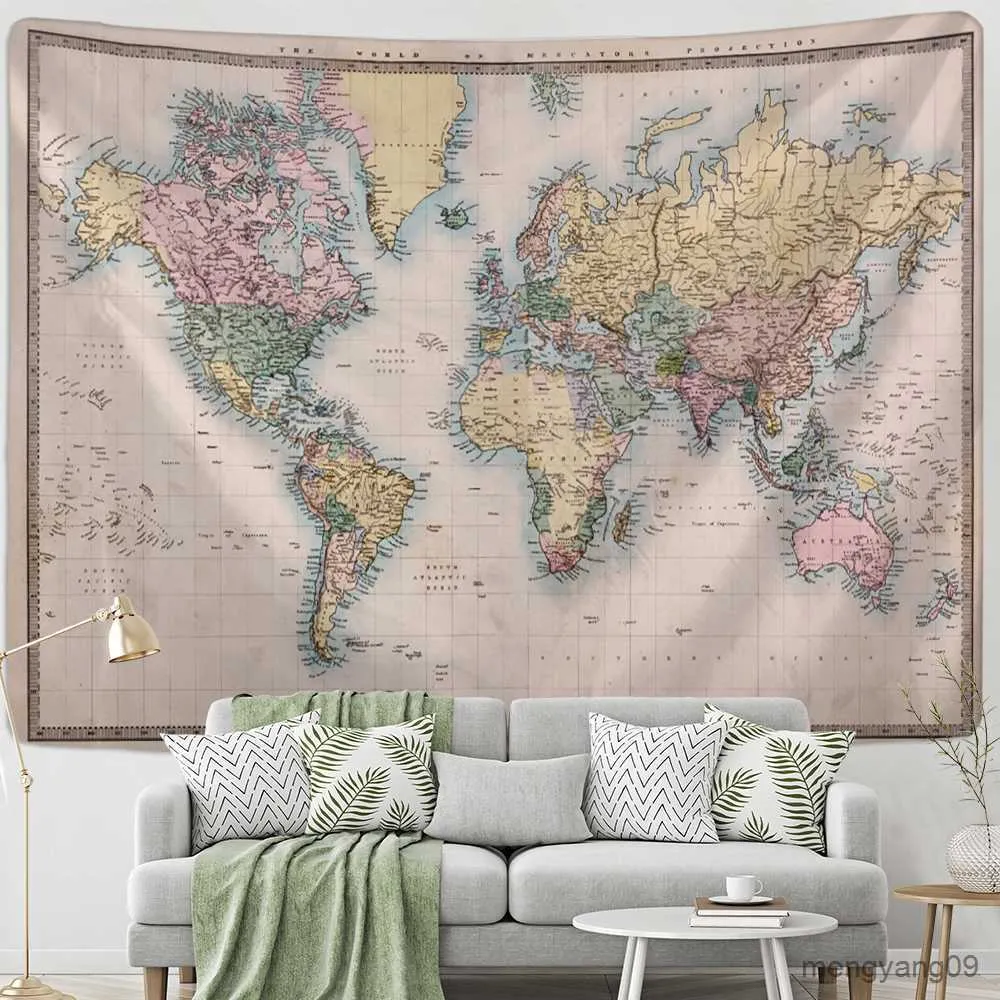 Tapisseries Map Illustration Tapestry Wall Hanging Art Minimalist Aesthetic Room Hippie Bedroom Home Decor R230815