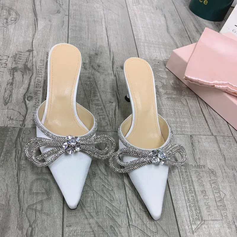 Glittered slippers crystals embellished Double Bow mules Evening shoes Rhinestone luxe stiletto Heels women's heeled Luxury Designers Dress shoe factory footwear