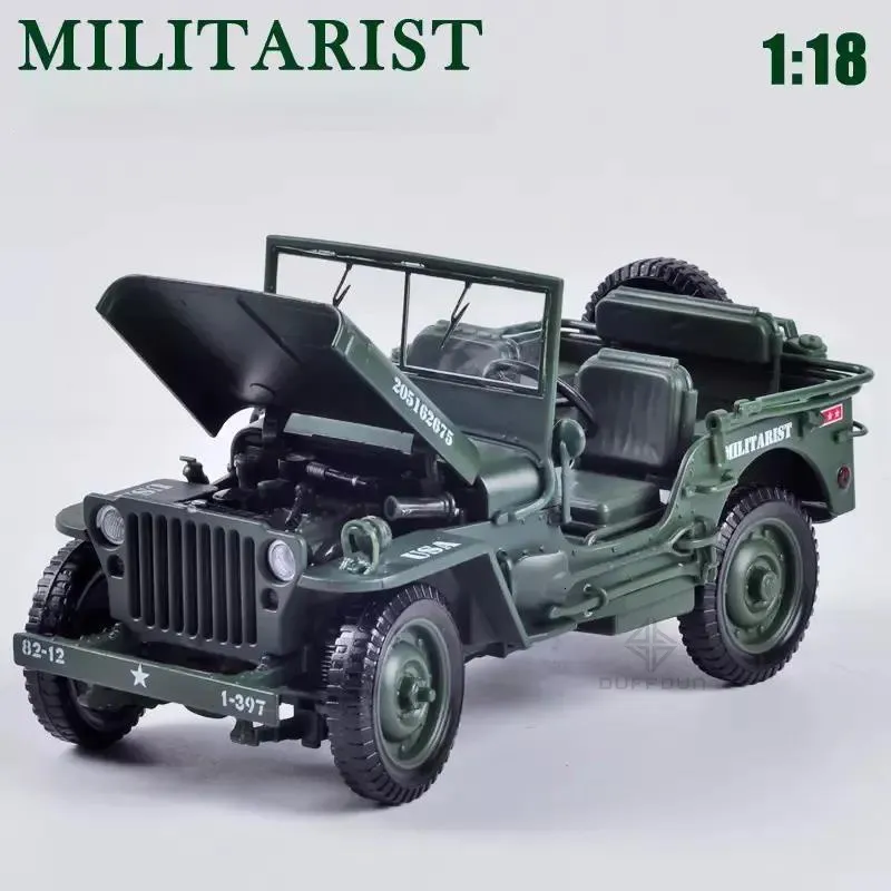 118 Scale Diecast Willys Jeep Model WWII Military Tactical Vehicle, Alloy Construction