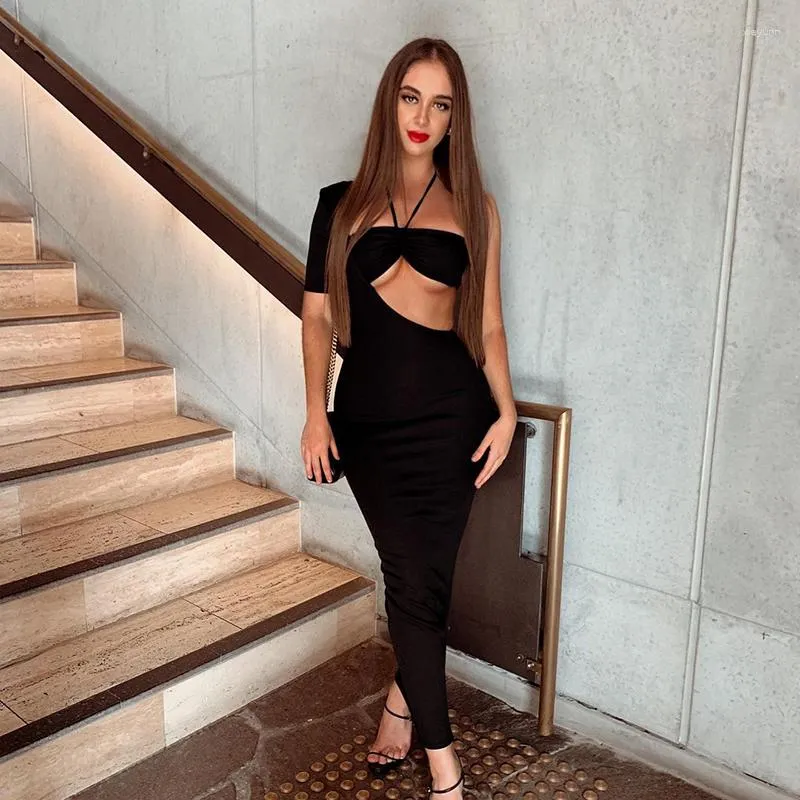 Casual Dresses Single Side Kort ärm Halter Tube Top Hollow Out Maxi Dress Summer Women Fashion Outfits Sexig Party Club Bodycon