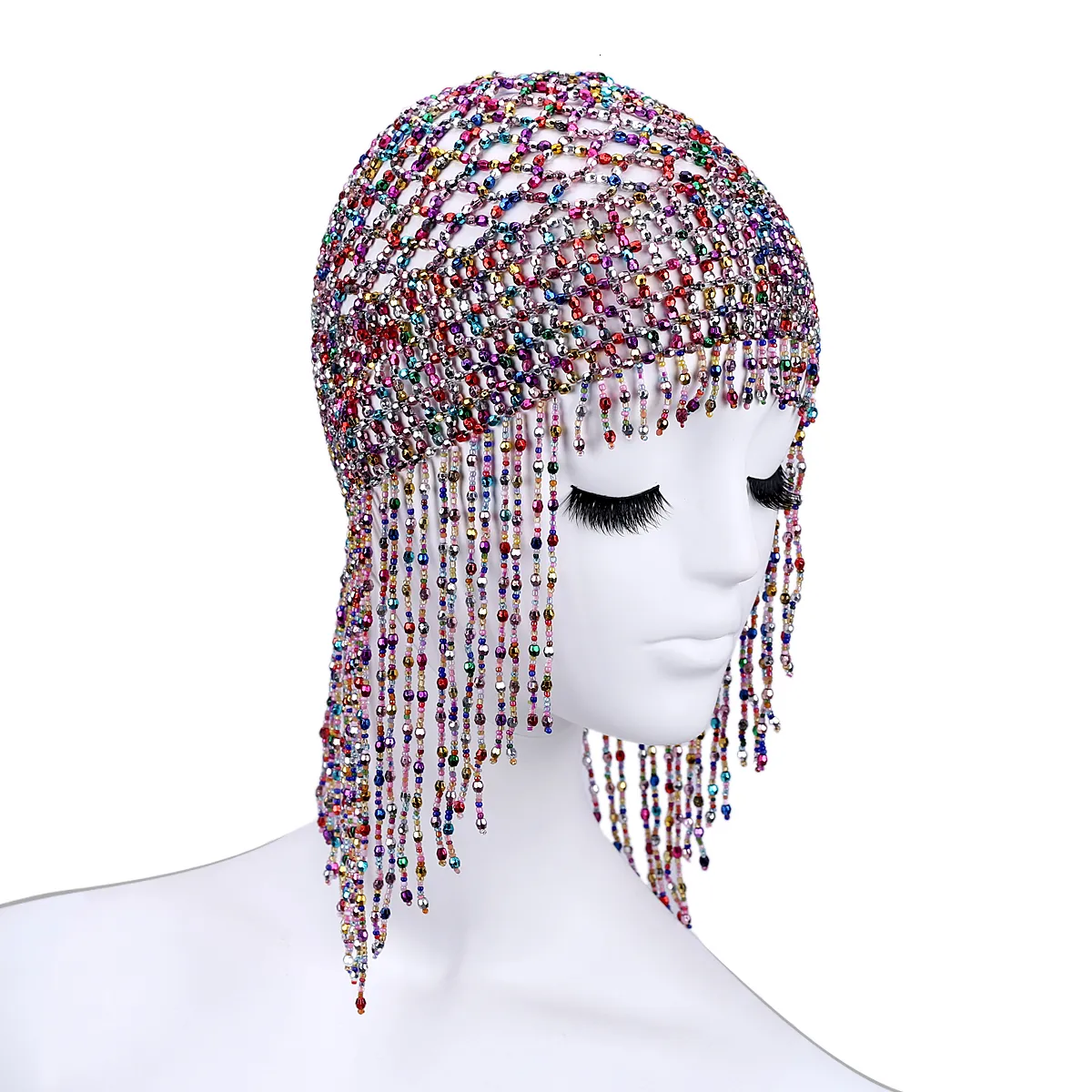Six Feathers Studio Cleopatra Belly Dance 1920s Cap Beaded Headpiece White OS Wedding Hair Jewelry Handmade Beaded Cap Headpiece Belly  main image 2