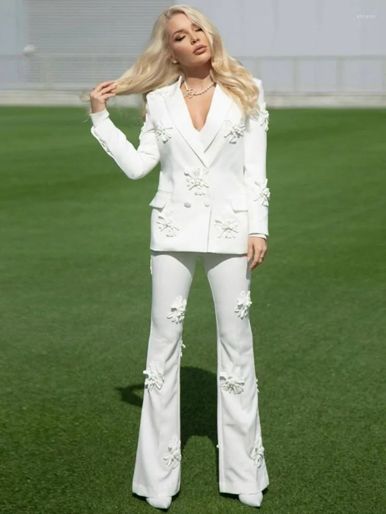 Womens Two Piece Pants Women White Blazer Long Pant Suit Sexy V Neck 3D  Flower Decoration Full Sleeve Coat Flared Trousers Evening Party 2 From  Annaroy, $110.45