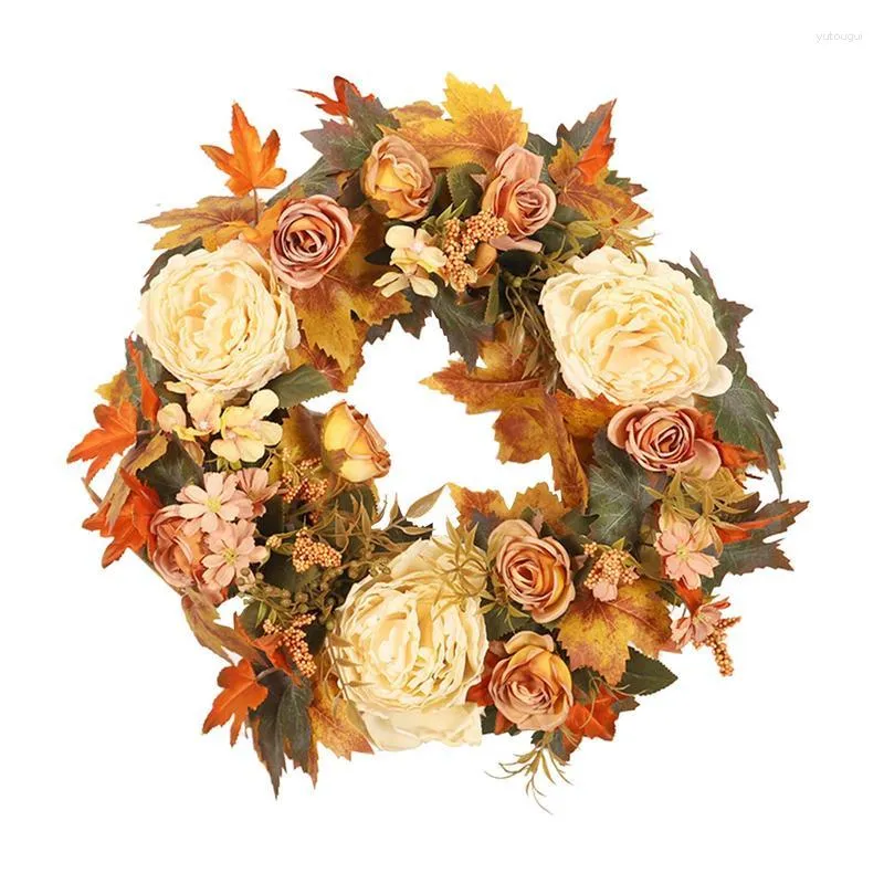 Decorative Flowers Fall Floral Wreath Realist Autumn Decor 15.75inch Harvest Maples Leaf Peony For Thanksgiving Day Farmhouse