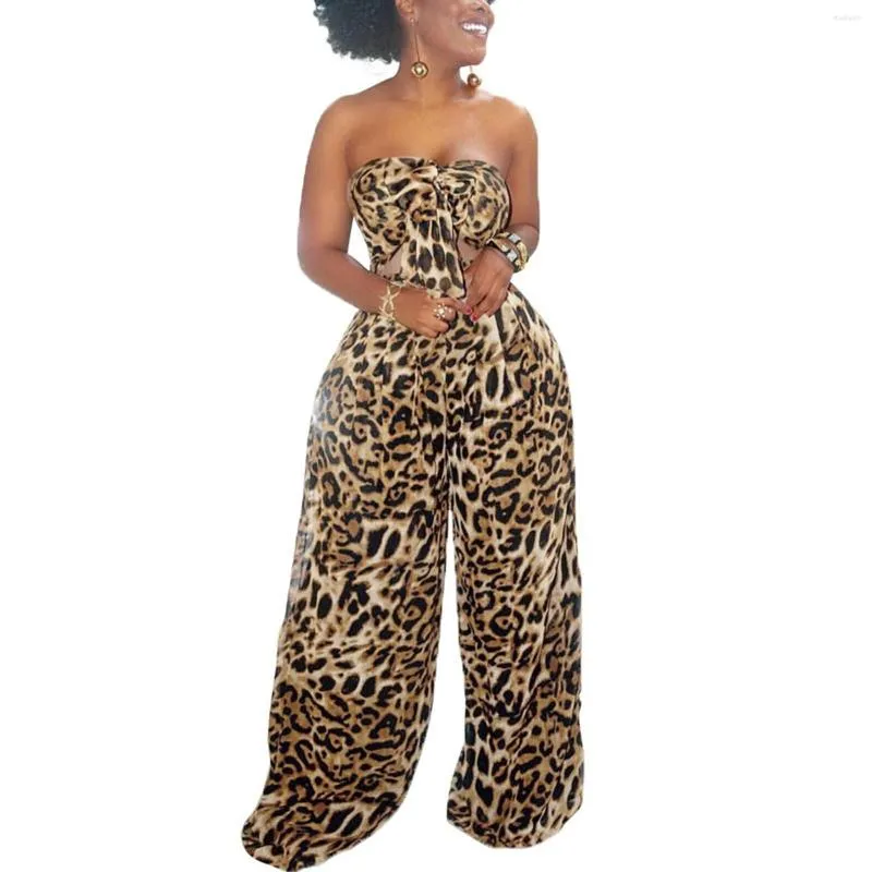 Kvinnors tvådelar Pants 2023 Fashion Casual Plus Size Leopard Print Set Wrap Chest Wide Leg Female Two-Piece Set Elastic Sleeveless Outfit