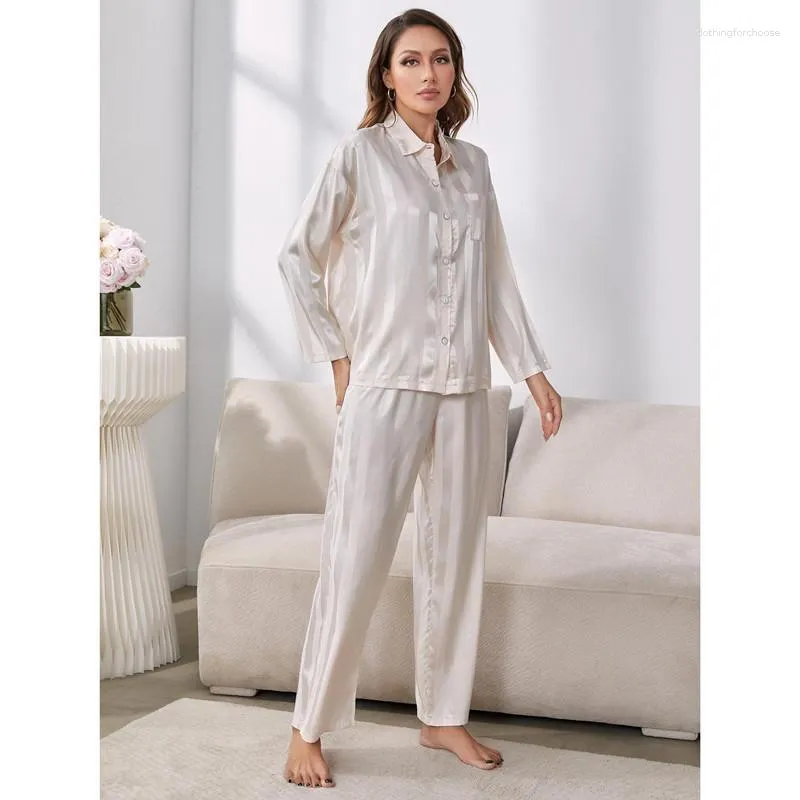 Beige Stripe Pajamas Set Comfortable Long Sleeve Fabric Womens
