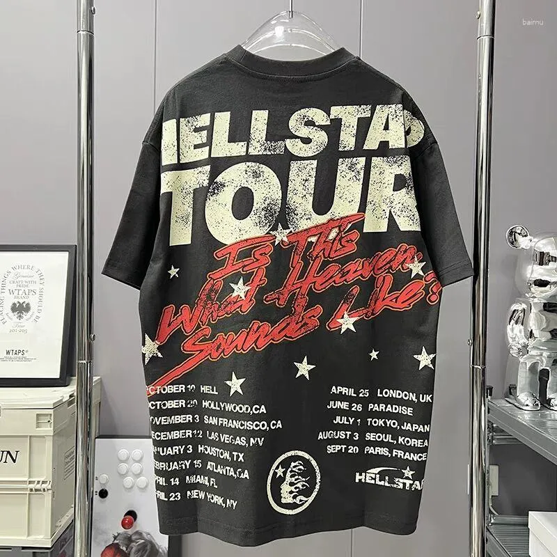 Camisetas masculinas 2024SS Hellstar High Street Letter Print Algodão e Womens Round Neck T-Shirt Top Manga Curta