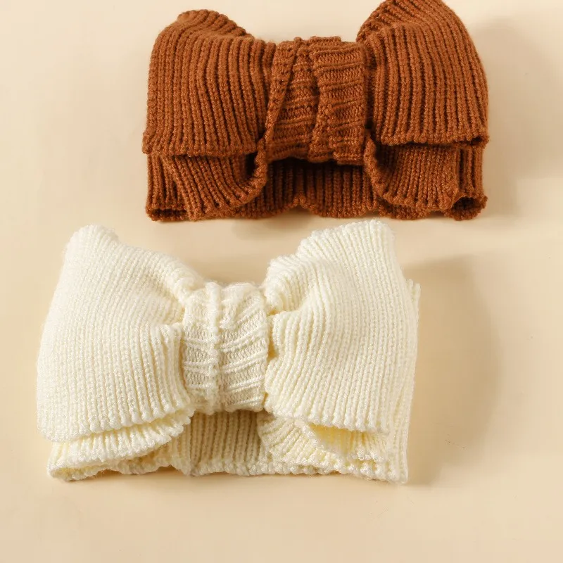24pc/lot New Large Double Layer Bowknot Headbands Baby Wool Knit Elastic Hairbands Newborn Crochet Head Wraps Kid Girls Turban