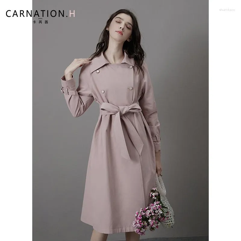 女性のトレンチコートピンクの長いウィンドブレイカースタイルの気質春と秋のコート甘い女性2023衣装