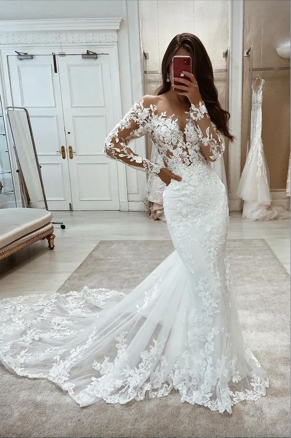 Romantische Full Lace Mermaid Brautkleider reine Langarm Applikationen Juwel Hals Langbrautkleider Garten Boho Robe de Mariage