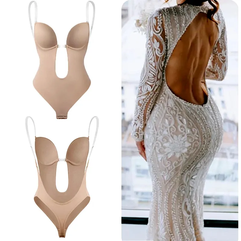 Kvinnors shapers bodysuit Shapewear Deep v Full Body Shaper Backless U Plunge thong midje tränare kvinnor klänning underkläder vadderad behå push up corset 230814