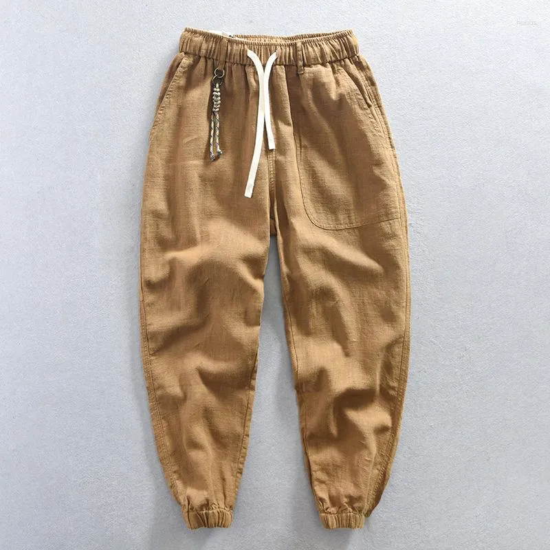 Calça masculina Carga de linho de algodão vintage para homens soltos fit elástico Cantura de cordão