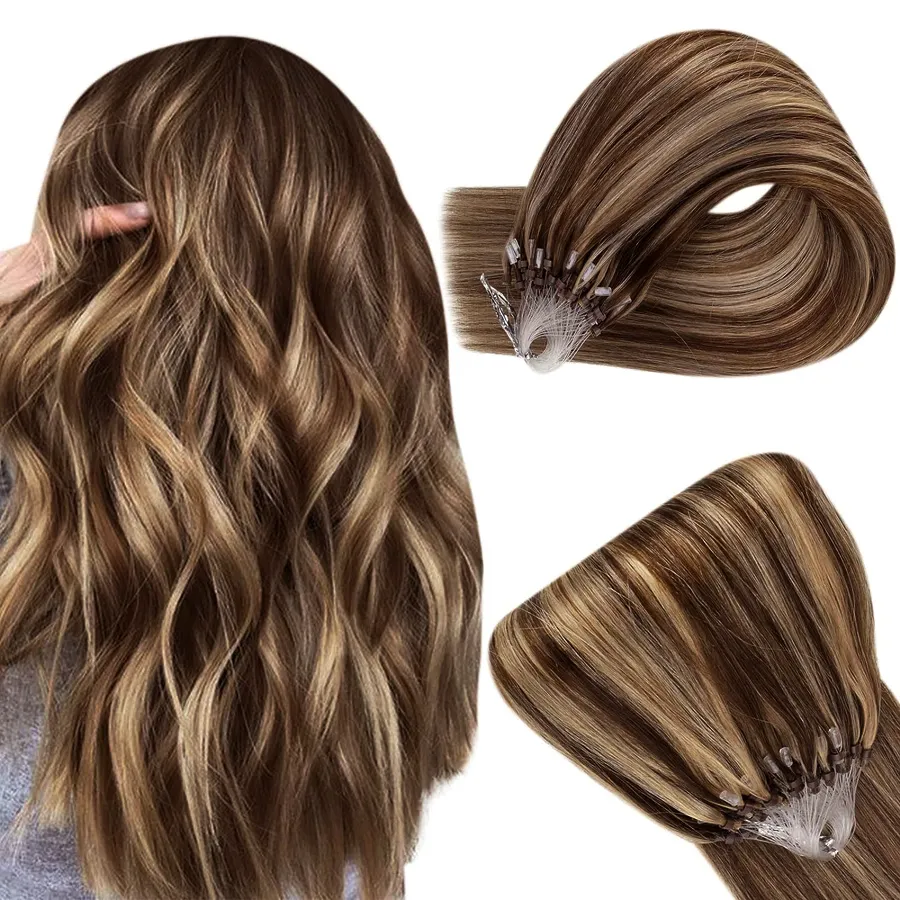 22 Remy Micro Ring Light Brown Hair Extensions With Dark Brown Highlights  And Honey Blonde Micro Loop 100g Micro Bead Extensions #P4/613 From  Humanwig, $39.36