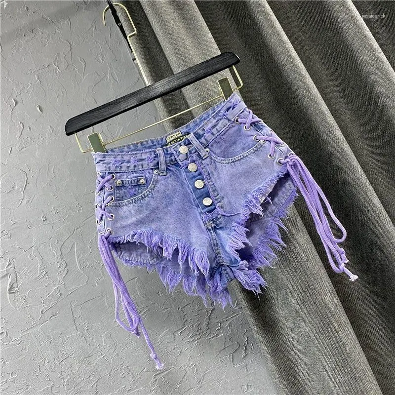 Women's Jeans Autumn Purple Fashionable Sexy Low Rise Single Breasted A-line Denim Shorts With Strap Pants