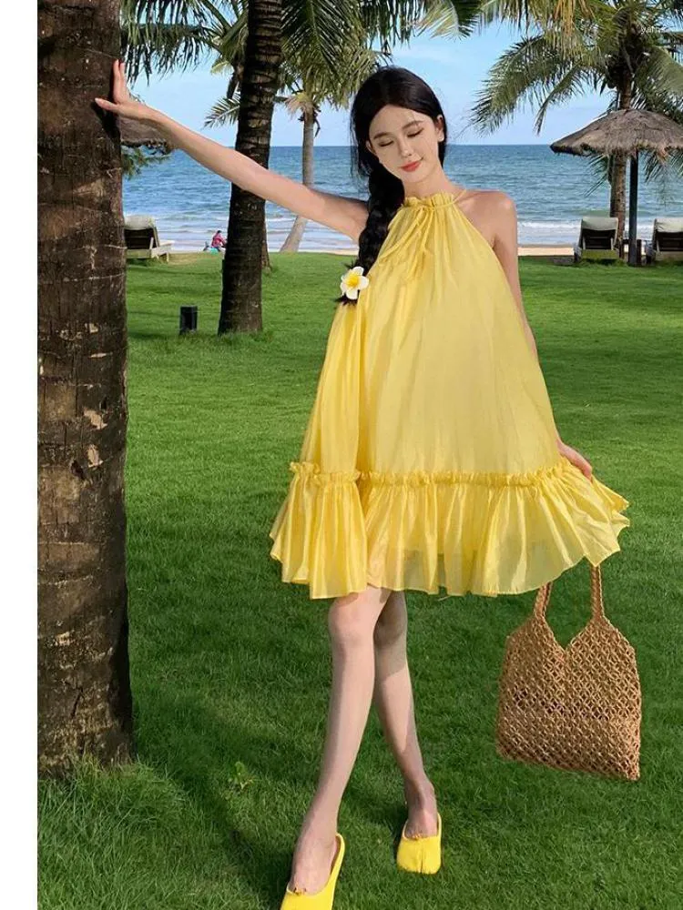 Casual Dresses Yellow Off Shoulder Bandage Halter Party Dress For Women 2023 Summer Sleeveless Pleated Ruffles Short Female Loose