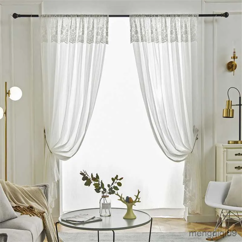 Cortina de cortina européia de renda branca cortinas de tule transparente para sala de estar com cortina floral de luxo de luxo cortina r230815