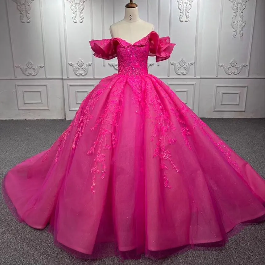 Magenta rosa fora ombro ombro quinceanera vestidos capela trem babados floral apliques de círculo de círculo de cônjuge de 15 quinceaneras