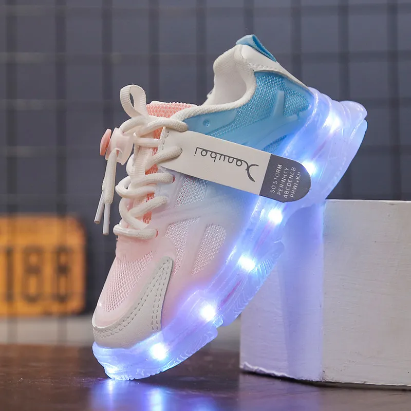 Sneakers Size 25 36 Children Casual Shoes USB Charger Glowing LED Light Breathable Mesh for Kids Boys Girls Sport 230815