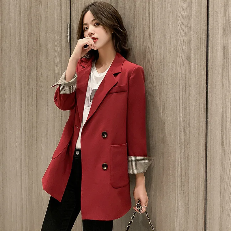 Trajes de mujer blazers otoño primavera roja media longt blazer mujeres gran tamaño beige negro doble pecho grande otoño de otoño coreano chaqueta femenina 230815