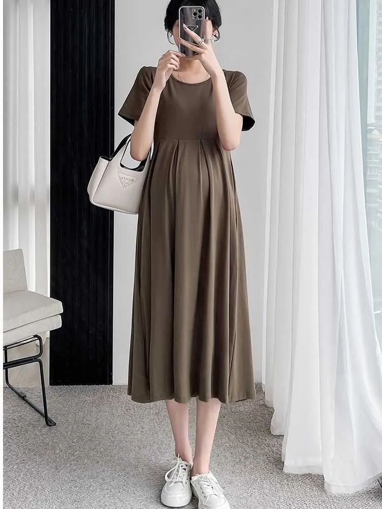 Koreaanse stijl mode zomer zwangerschapsjurk o-neck korte mouw losse casual zwangere vrouwen geplooide jurk zwangerschapskleding