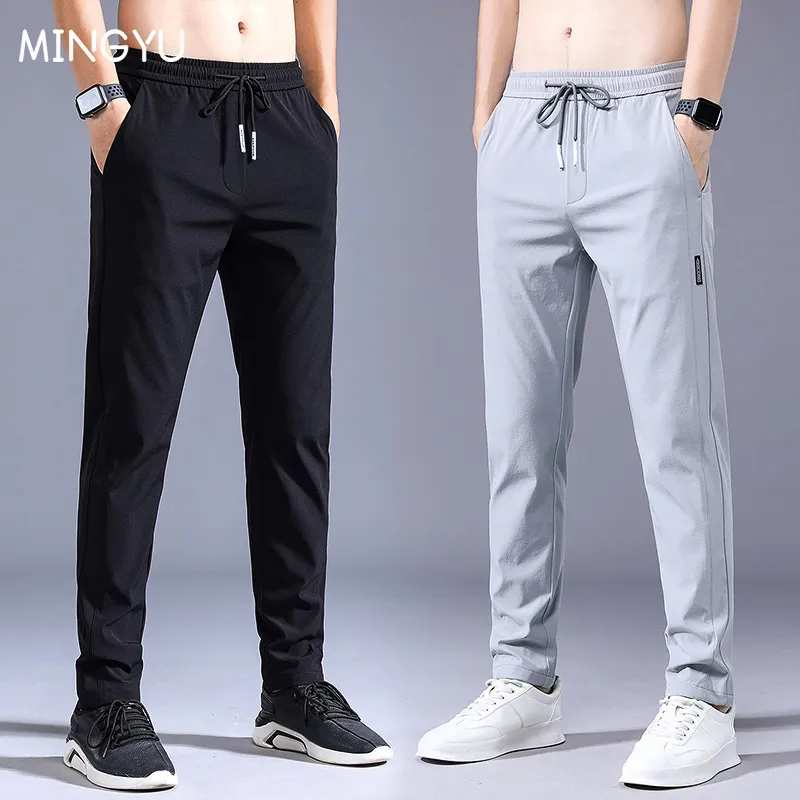 Calça masculina verão casual fino de elasticidade macia de laca cinto de cor sólida aplique corea cinza preto trabalho calça masculino 38 230815