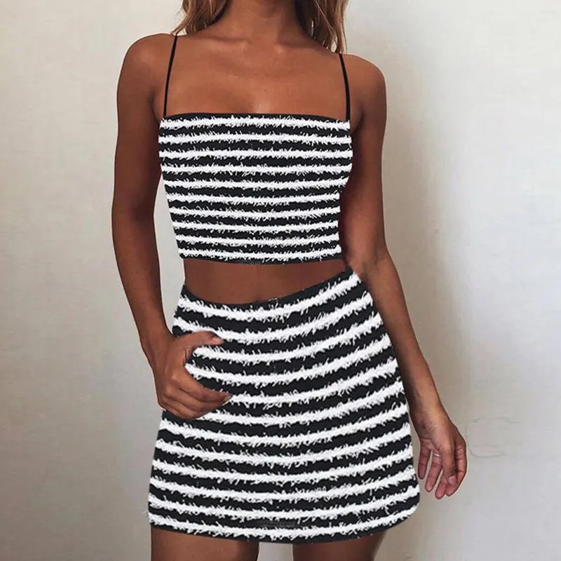 Arbeitskleider 2pcs/Set Short Dress Zwei Stücke Set Black White Striped Elegant Rock Anzug Modestil Weste einfach für Wochenendurlaub