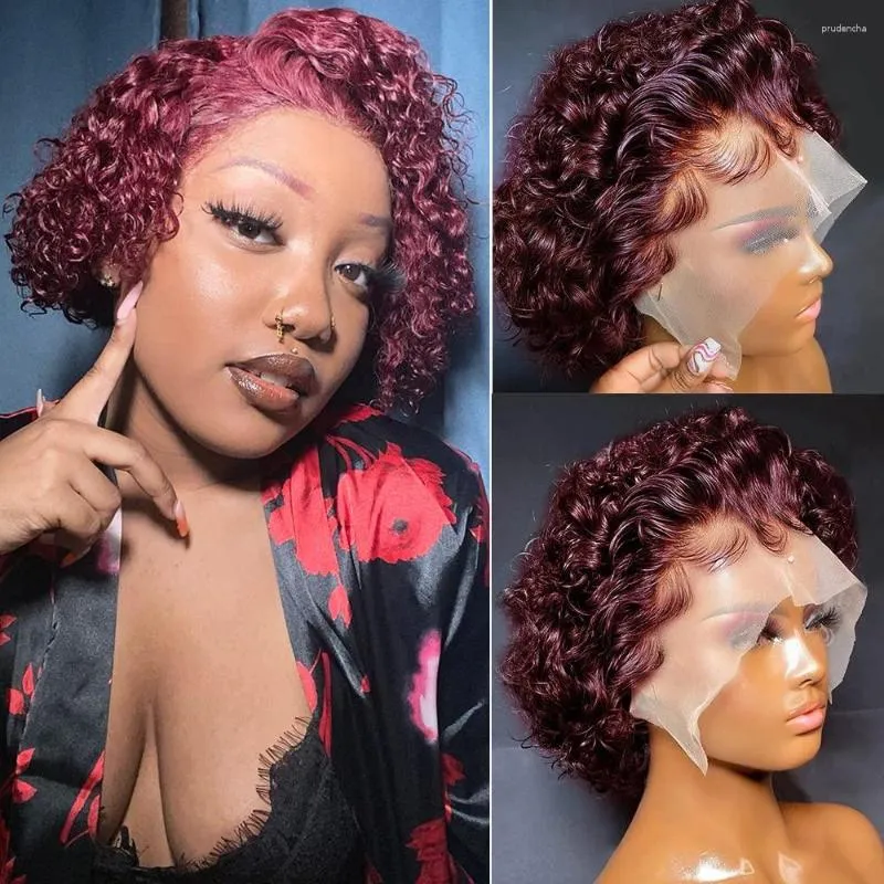 Pixie Cut Wig Human Human Human 13x1 Curly Lace Front Bob Short 99J Borgonha pré -arrancada Hairline Bleached Knots Ubetta