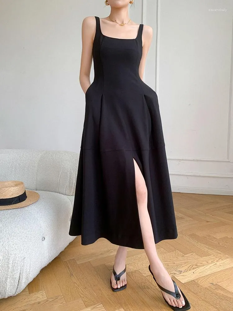 Casual jurken superaen zwart Koreaanse stijl mouwloze slip jurk dames zomer 2023 split spaghetti riem lang