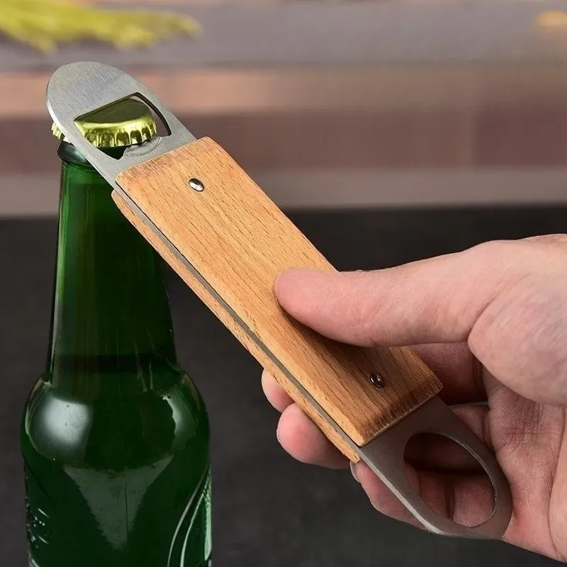Wooden Handle Flat Bottle Openers Stainless Steel Bottle Opener Simple Beer Opener Bar Kitchen Accessories Q463