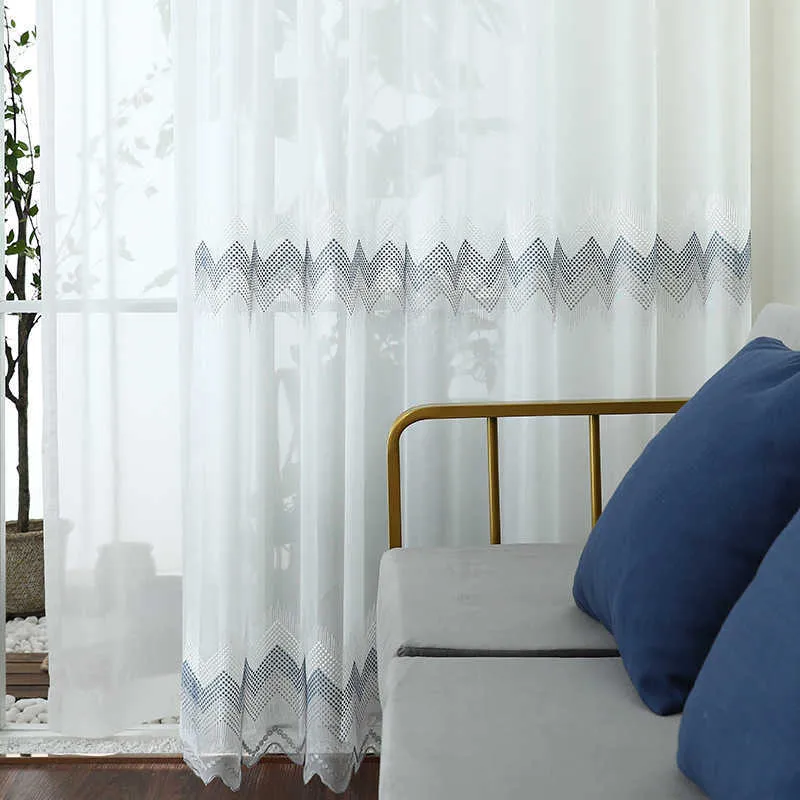 Cortina moderna bordada cortinas de tule branco para quarto sala de estar readymade azul cinza onda cortinas