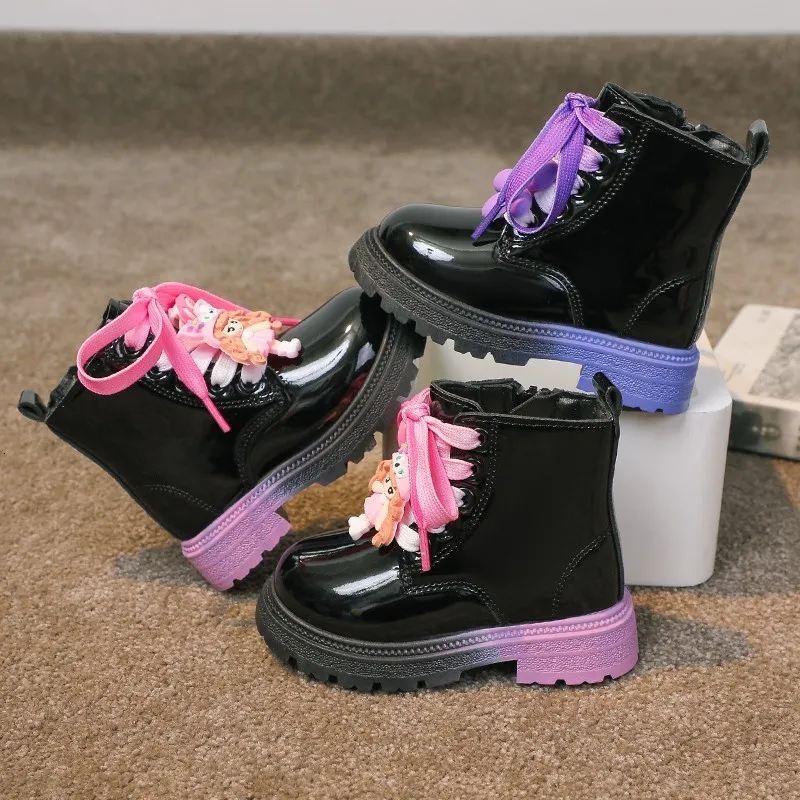 Sneakers Girl S Boots Autumn Pink Purple Patent Leather Lovely Children Short Boot 22 33 Toddler Round Toe Chunky Fashion Kids Shoes 230815