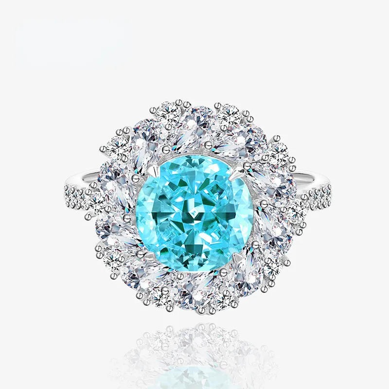 2023 Europäischer und amerikanischer hoher Kohlenstoff -Diamant -Eisblumen -Schnittring 925 Silber Seeblau Full Diamond Ring Frauen Senior's Senior