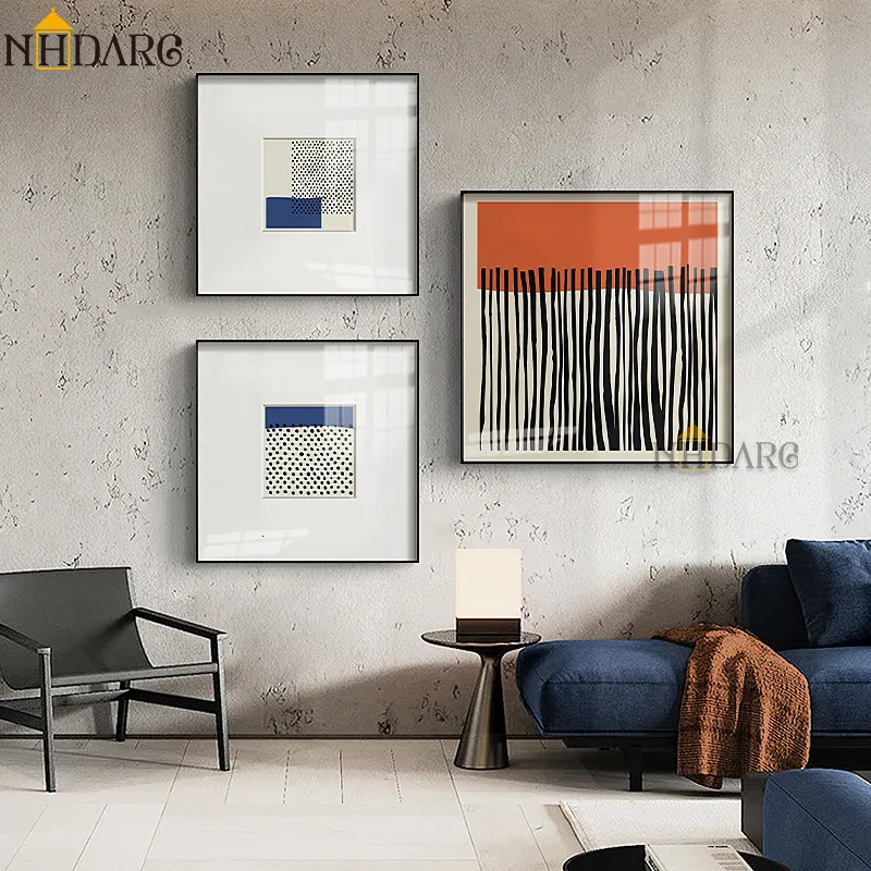 Schilderijen Moderne Noordse mode canvas print schilderij poster oranje blauw abstract lijnen blok muur foto's kunst woonkamer thuis decor 230815