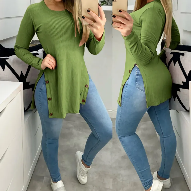 QNPQYX New Fashion Womens Tops Solid Round Neck Slit Buttons On Sides Casual Loose Long Sleeve Woman T-shirts Pullover Clothes