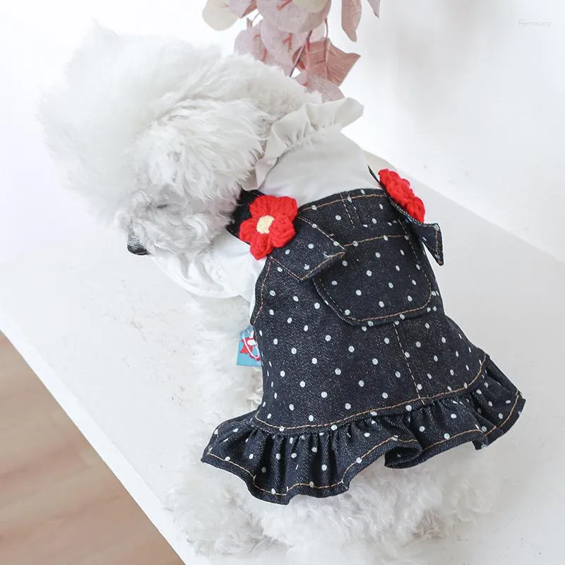 Hundekleidung Haustierkreis Katze Kleidung Frühlings- und Sommerprodukte Tasche Denim Blumen kleiner roter Gurtrock Punkt