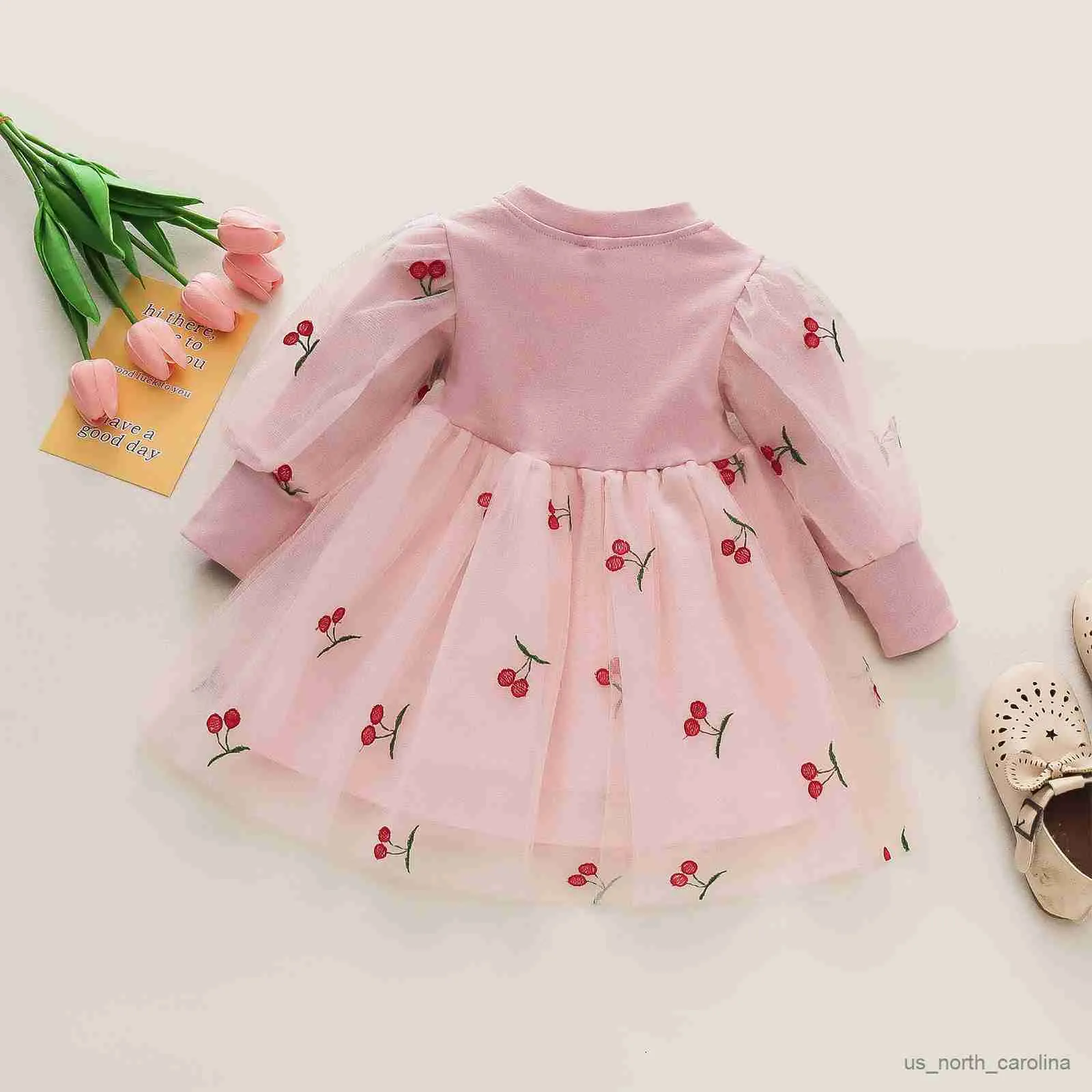 Girl's Dresses Infant Baby Girl Princess Clothes Cherry Embroidery Long Sleeve Layered Tulle Party Dresses Newborn for Baby Spring Dress Outfit R230815