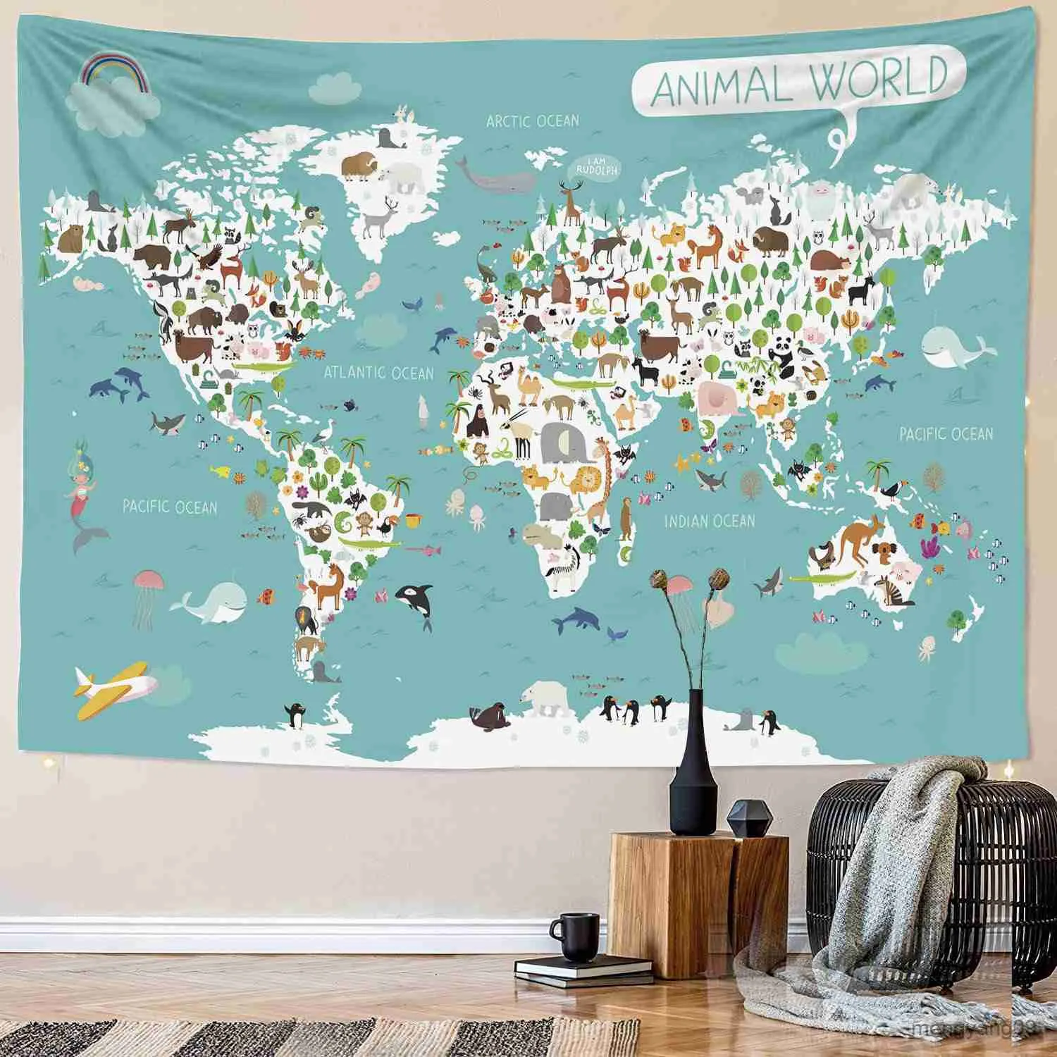 Tapestries sizes Children's world map tapestry wall hanging animal map fabric cute European style children room decoration R230815