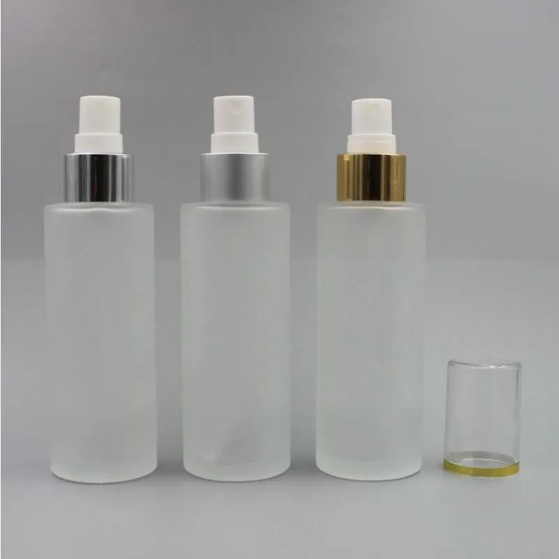 100ml空の霜ガラススプレーファインミストボトル34oz補充可能な丸いガラスクリームポンプディスペンサーアルミニウムスプレーnmqr付きゴールドシルバーカラー