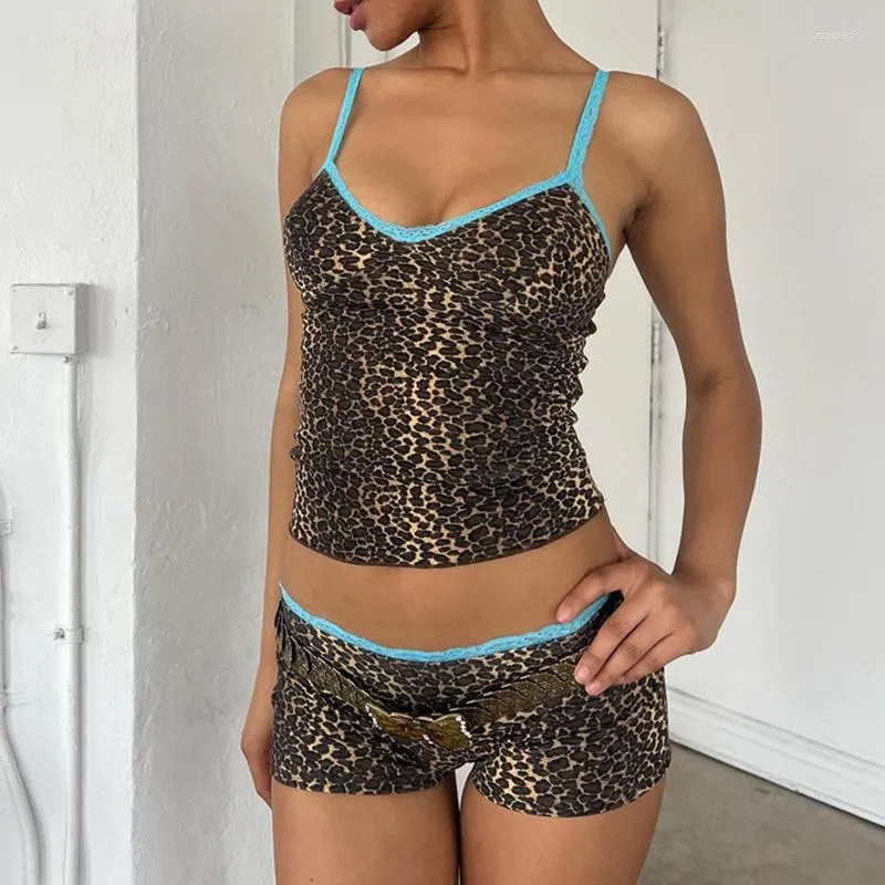 Work Dresses: 90s Rave Leopard Print Two-Piece Set with Lace Trim,  Spaghetti Strap Cami, Shorts, Y2K Vintage Crop Tops, Sexy Club Party  Matching Suit