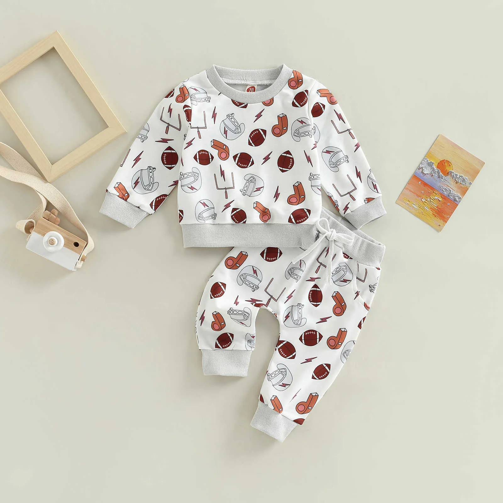 Kledingsets Peuter Baby Jongens Voetbalkleding Herfst Outfit Sets Lange mouw Hals Tops Rugby Print Broek 0-3Years