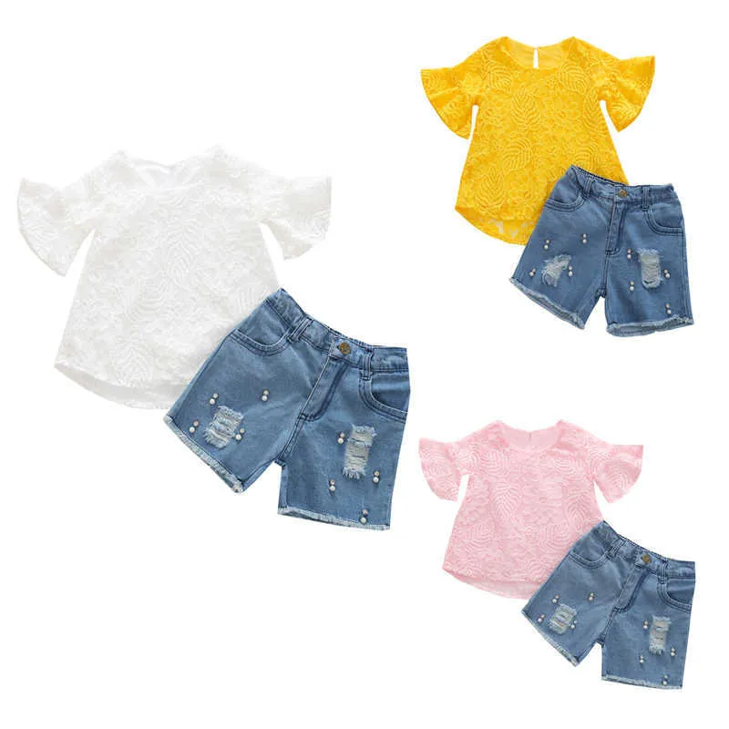Комплекты одежды для детей 1-6 лет, модная одежда для маленьких девочек, кружевной топ с короткими рукавами и круглым вырезом, шорты-демин, 3 вида стилей