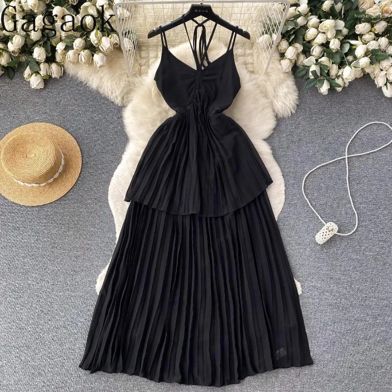 Gagaok French Black Chiffon Dress with Hanging Neck Strap for Women - Perfect for Casual Summer Wear and Harvesting Temperament