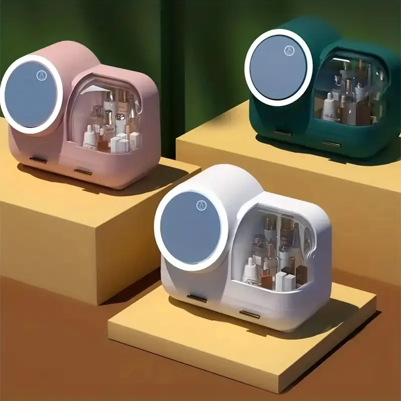 미용 디스플레이 케이스 스킨 케어 주최자 메이크업 스토리지 주최자 거울이있는 터치 스크린 LED 조명 방지 및 방수 피부가있는 미러 화장품 디스플레이 케이스.