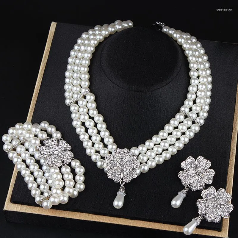 Necklace Earrings Set European And American Fashion Pearl Flower 3-piece Bracelet Bride Dress Pography Female Accessories