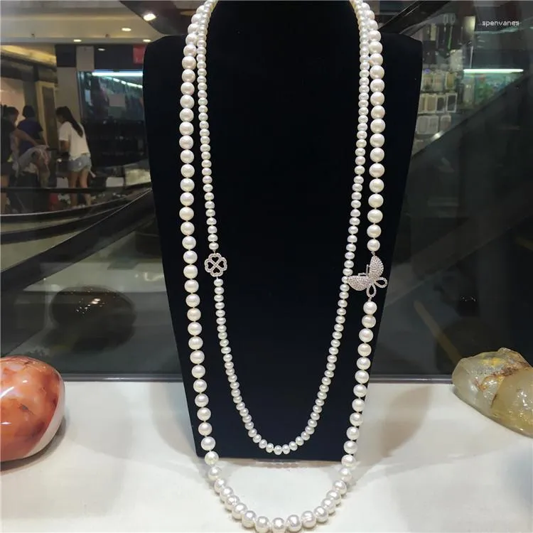 Łańcuchy Dwie kombinacje długie naturalne białe słodkowodne perłowe cyrkon czteropletekowe akcesoria motyli Naszyjnik łańcuch swetra