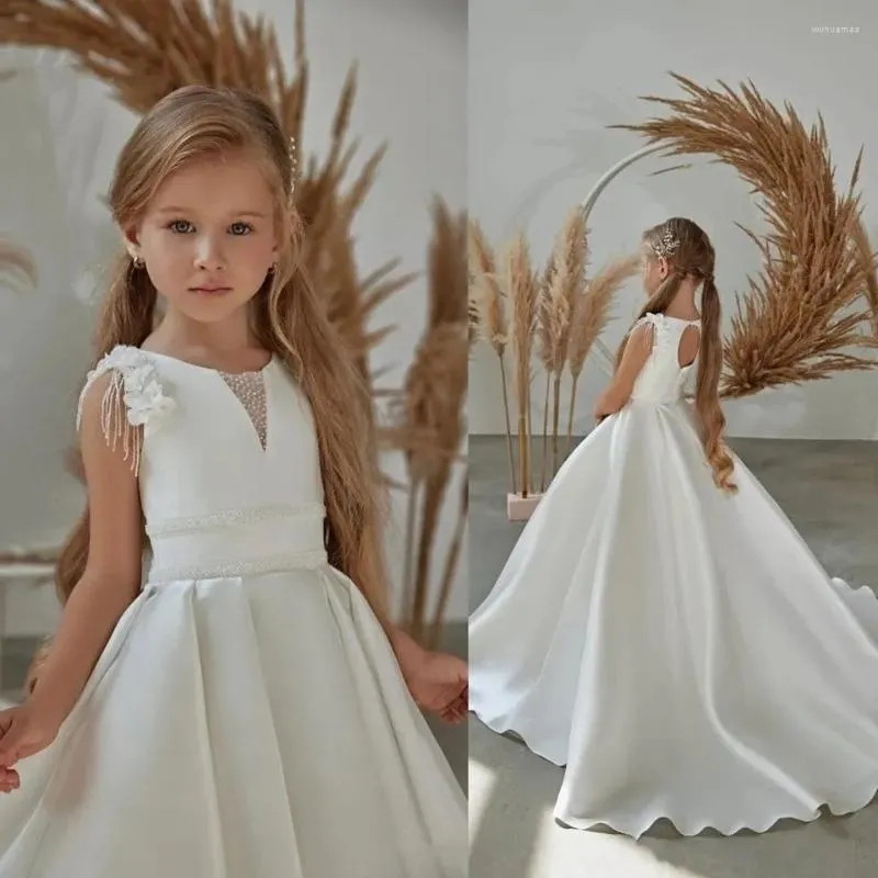 Girl Dresses 3D Flowers Beaded Dress For Wedding Party Simple White Satin A-line Long Birthday Pageant Robe Kids First Communion Gown